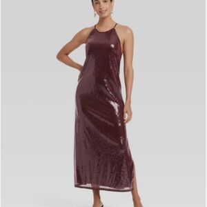 A New Day Women's Sequin Midi A-Line Dress Halter Neckline Side Slit